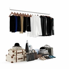 3D of wooden storage rack with multiple pieces of clothing