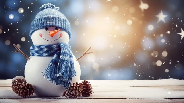 Happy snowman with blue woolen scarf and hat 