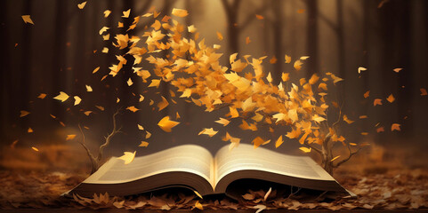 Autumn Leaves Falling on an Open Book With Copy Space