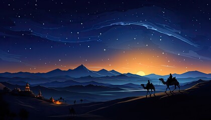 A Nighttime Encounter with Two Arab Men on Camelback in the Arabian Landscape - obrazy, fototapety, plakaty