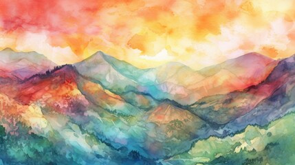 nature Masterpiece A Watercolor Painting of a Colorful Mountain Range in the Sun - obrazy, fototapety, plakaty