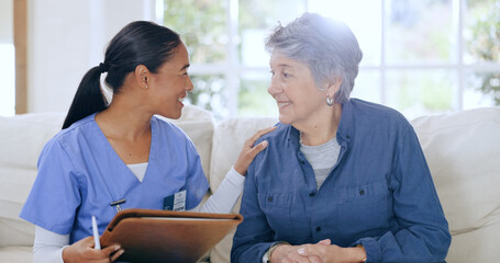 Sofa, consulting and nurse with senior woman in home for medical care, support and service....