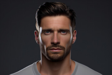Obraz premium Refined Masculinity: Handsome Groomed Man Standing Confidently Isolated on a Dark Grey Background.