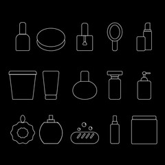 15 cosmetics icons on a black background