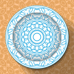 A white plate with an openwork blue ornament, located on a light brown patterned tablecloth. Pattern No. 5. Vector illustration