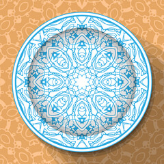 A white plate with an openwork blue ornament, located on a light brown patterned tablecloth. Pattern No. 6. Vector illustration
