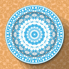 A white plate with an openwork blue ornament, located on a light brown patterned tablecloth. Pattern No. 7. Vector illustration