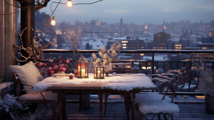 Winter Urban Retreat: A Cozy Terrace Setup with Table Amidst the City's Wintry Charm.