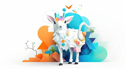 Creative Concept of  Sheep is surrounded by colorful balloons and a white background. 3D Rendered,