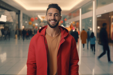 Fototapeta premium Black Friday Thrill: Excited Man Shopping for Clothes at a Mega Mall with Huge Discounts and Low Prices.