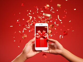 Online Shopping Gift Connection: With a top-view, the scene is set over confetti on an isolated red background, creating a connection between online shopping and the joy of receiving a gift. 