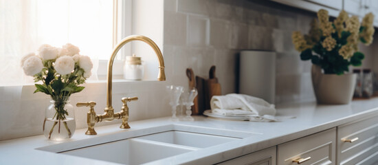 Fototapeta na wymiar Aesthetic Kitchen Decor. A serene kitchen space featuring elegant gold faucets, a clean white countertop, and fresh blossoms basking in the soft, natural daylight