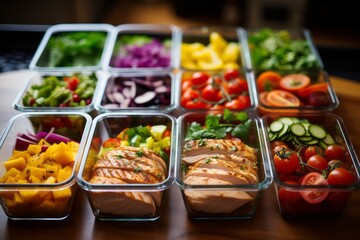 Healthy Homemade High-protein chicken meal prep in glass containers