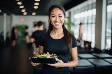 Female sports nutritionist holding a healthy meal box in a gym setting.