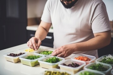 Obraz na płótnie Canvas Man on a diet, preparing Healthy Homemade High-protein meal prep
