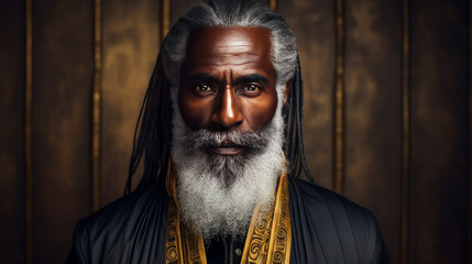 Handsome elderly black African American man with long dreadlocked hair, on a gold background, banner.