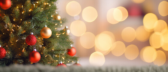 Christmas tree with lights in bokeh, empty copy space