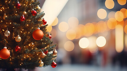 Fototapeta na wymiar Christmas tree with lights in bokeh, empty copy space