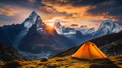 Highest mountain in the world Everest has a tent - obrazy, fototapety, plakaty