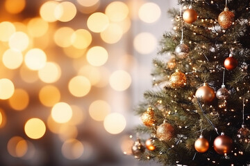 Obraz na płótnie Canvas Christmas tree with lights in bokeh, empty copy space