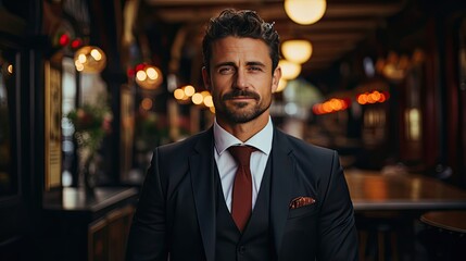 Portrait of handsome caucasian man in formal suit looking at camera smiling with toothy smile in background. Model portrait illustration. Generative AI