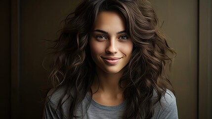 Fototapeta premium Portrait of a young latin woman with pleasant smile and crossed arms on grey wall with copy space. Beautiful girl with folded arms looking at camera against grey wall. Generative AI art