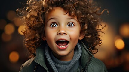 Wow look, advertise here! Portrait of amazed cute little boy with curly hair pointing to empty place on background. People portrait illustration. Generative AI