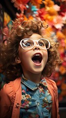 Obraz premium Portrait of surprised cute little toddler girl in sunglasses over background. People portrait illustration. Generative AI