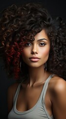 Fototapeta premium Beauty portrait of african american woman with clean healthy skin on background. Smiling dreamy beautiful afro girl. Curly black hair. Woman portrait illustration. Generative AI