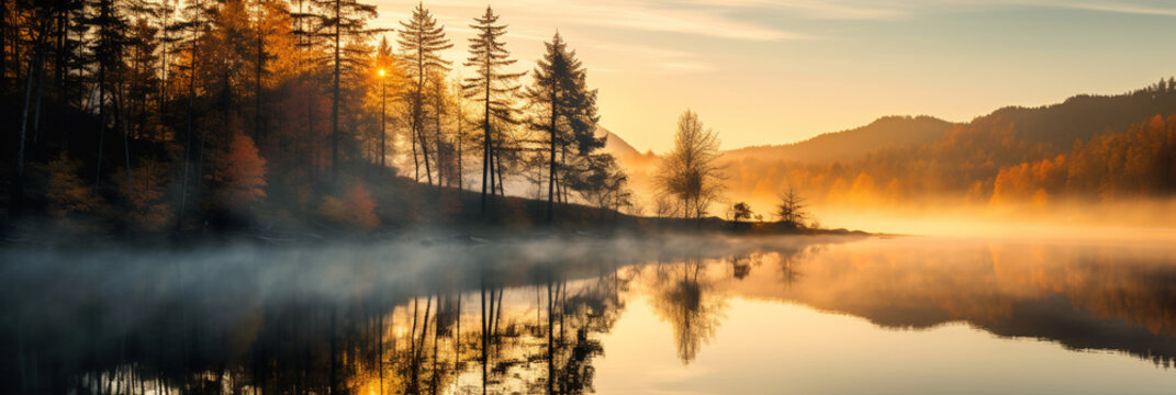 Beautiful autumn forest scene . Colorful morning view on foggy lake and mountains at sunrise time. Beauty of nature concept background.