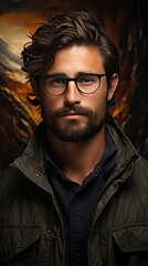 Obraz premium Illustration of young handsome man posing and looking at camera over background. Man face portrait illustration. Generative AI