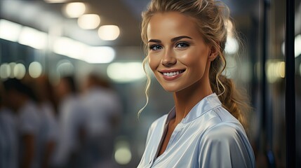 Obraz premium Woman Brushing Teeth Holding Toothbrush Smiling To Mirror In Bathroom. Dental care illustration. Generative AI