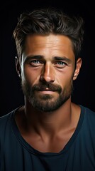 Fototapeta premium Headshot of young handsome european caucasian man on background. wearing casual blue t-shirt, smiling happily and friendly at camera, looking confident and relaxed. Generative AI art