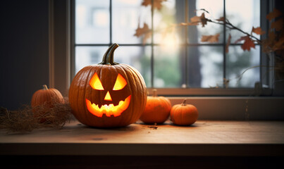 Obraz premium Halloween house interior decoratedof a burning pumpkin