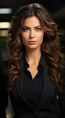 Fototapeta premium Caucasian successful confident young businesswoman ceo boss bank employee worker manager with arms crossed in formal wear in background. Woman portrait illustration. Generative AI