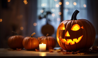 Halloween house interior decoratedof a burning pumpkin