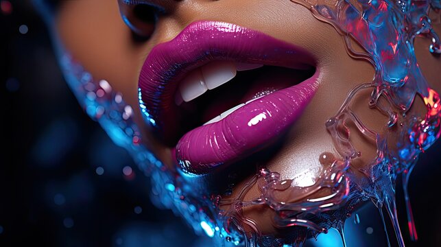 High Fashion model metallic silver lips and face woman in colorful bright neon uv blue and purple lights, posing in studio, beautiful girl, glowing make-up, colorful make up. Generative AI art