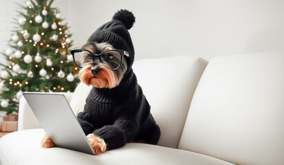 Cute little dog in black sweater and glasses is sitting on the sofa and working on a laptop.