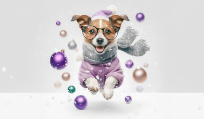 Funny dog in winter clothes with christmas balls on white background.