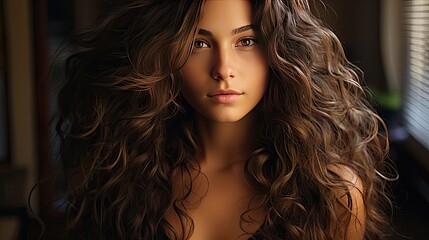 Brunette girl with long and shiny wavy hair. Beautiful model with curly hairstyle. Model illustration. Generative AI