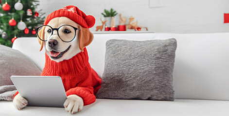 Cute dog in red sweater and sunglasses with tablet on sofa at home.