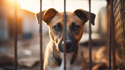 Homeless dog waiting for adoption in shelter cage - obrazy, fototapety, plakaty