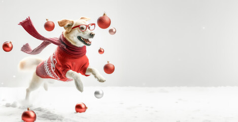 Funny dog in red sweater jumping with christmas balls on white background. - obrazy, fototapety, plakaty
