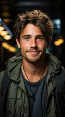 Obraz premium Casual portrait of happy university student guy standing with arms folded, laughing. Man face portrait illustration. Generative AI