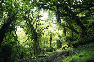 Obraz premium Scenic forest landscape with green plants and trees. New Zealand