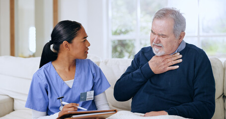 Nurse, support and elderly man with neck pain, throat cancer and sick from infection, virus or...