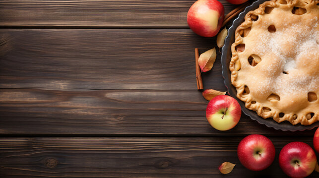 Homemade autumn apple pie bottom border. Above view