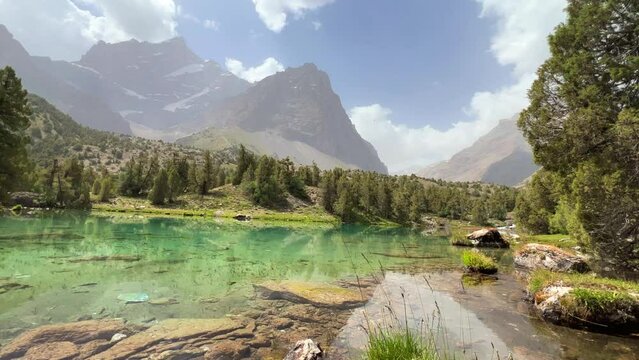The Alaudin (Chapdara) lakes, lying at an altitude of 2800 m, are considered one of the most beautiful lakes of the Fan Mountains. Turquoise mountain lake. Pamiro-Alai. Tajikistan, Pamir 4K