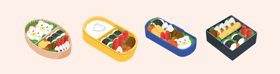 Bento lunch boxes set. Japanese meals with Asian food in lunchboxes, plastic containers. Japan rice, salmon, vegetable, nori and egg omelet, kawaii cute nutrition. Isolated flat vector illustrations