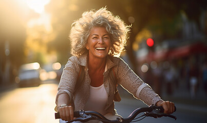 Happy aged woman riding bicycle in Paris, Travel to Europe, Famous popular tourist place in the world.